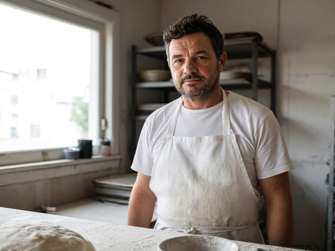 Baker in a flour-dusted apron standing at the bench