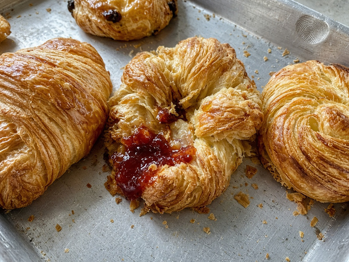 Dented aluminium tray of butter-gold pastries with a jam smear