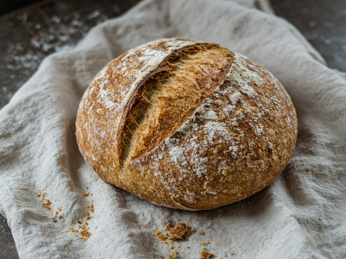 Country loaf on creased linen with an uneven score and crumbs