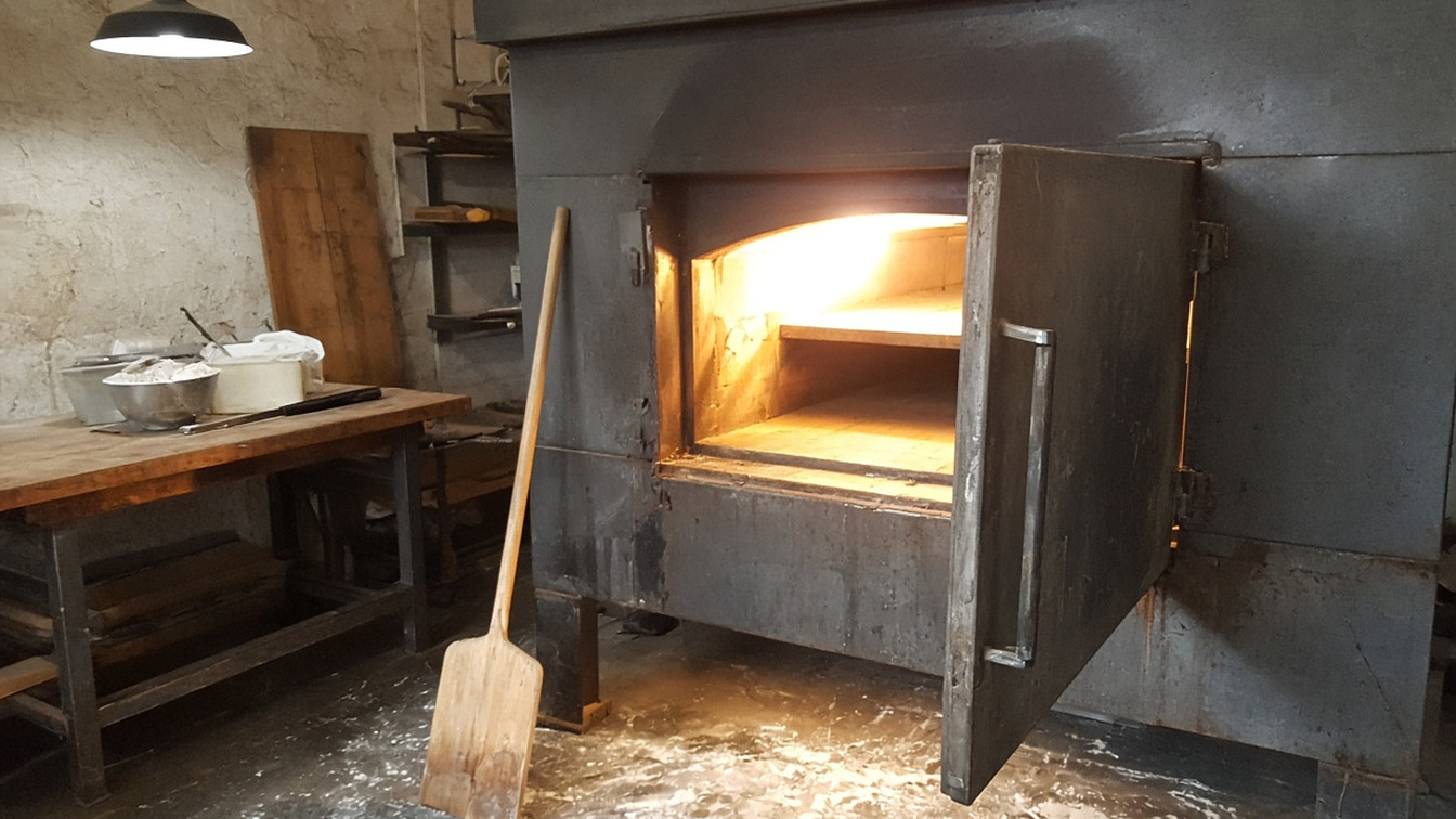 Small deck oven with the door ajar and a peel leaning beside it