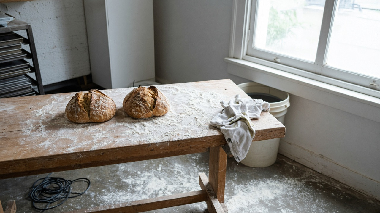 Flour-dusted timber bench with two crusty loaves and a tea towel