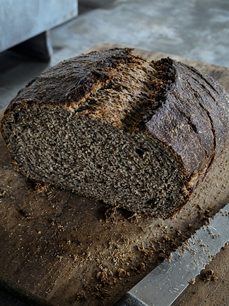 Dark rye loaf split on a board, knife with crumbs on the blade